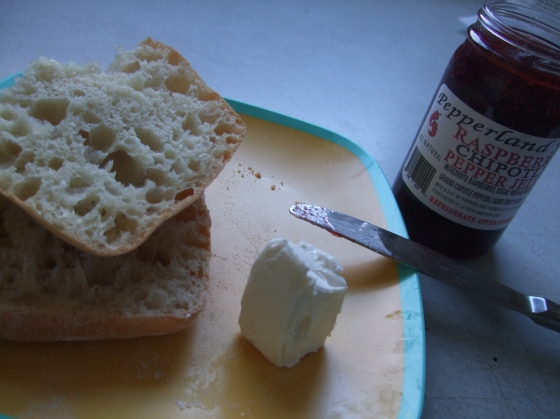 Raspberry chipotle pepper jelly and neufchâtel cheese spread on a ciabatta roll...enough said