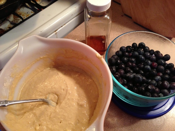 Homemade batter (courtesy of Smitten Kitchen's blueberry-yogurt multigrain pancake recipe) + fresh blueberries + real maple syrup